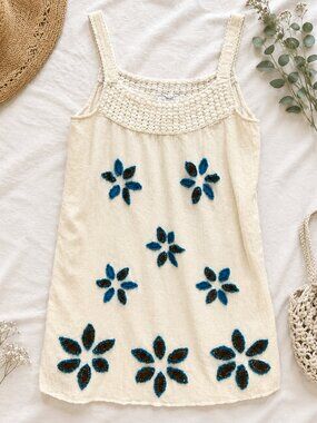 Only Necessities Boho Gauze Crochet Sundress Cream Embroidered Floral Dress L